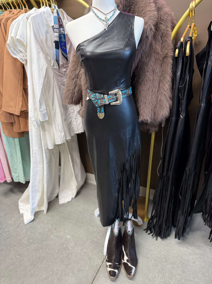 Black faux leather dress with side fringe, cut-out waist and sleeveless design by Lucky & Blessed.