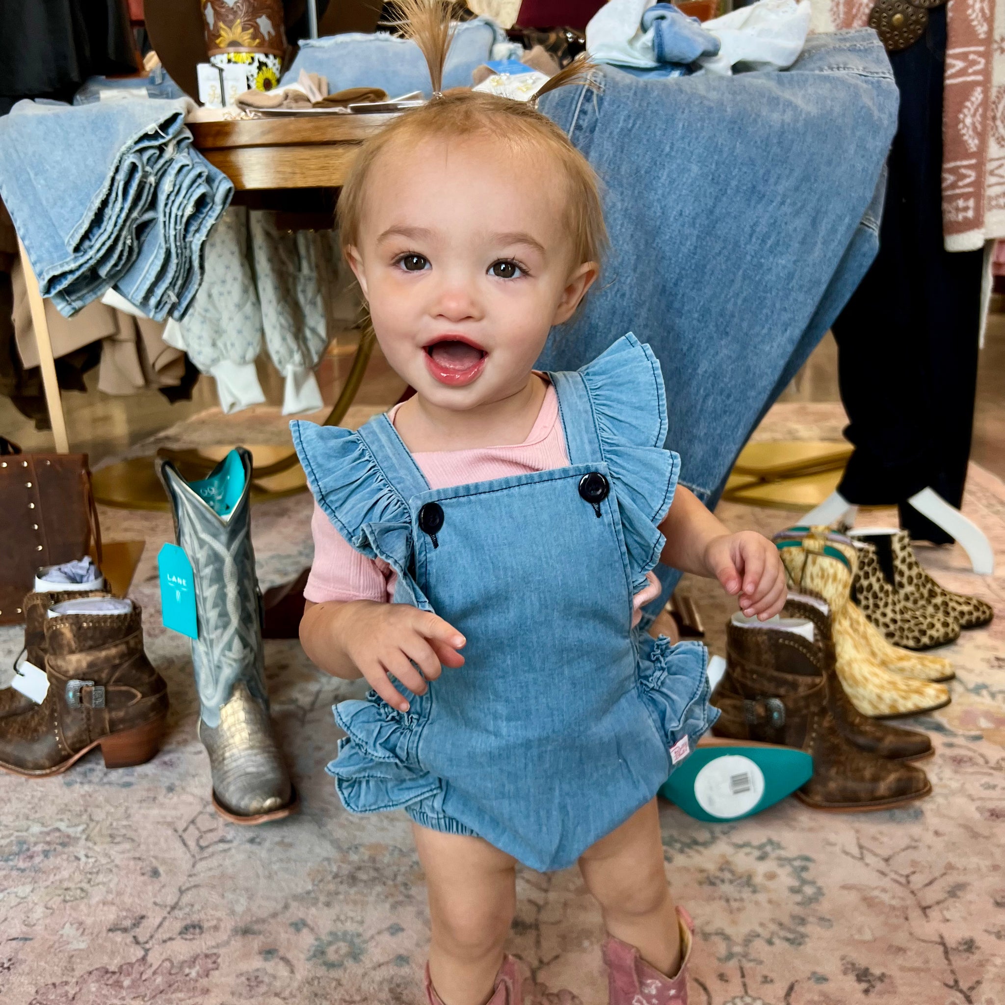 Baby Girls Light Wash Woven Flutter Overall Romper