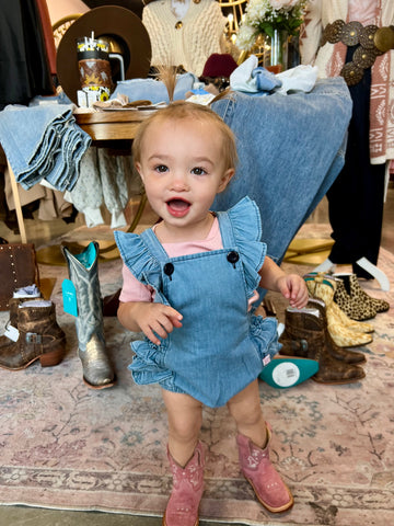 Baby Girls Light Wash Woven Flutter Overall Romper