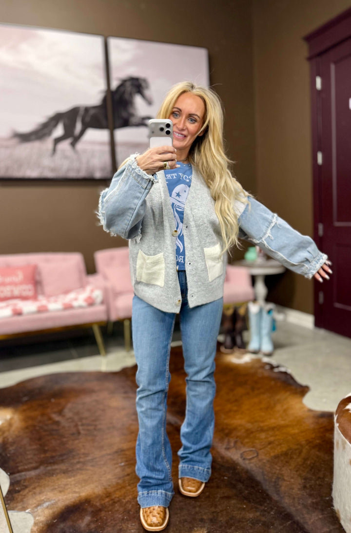 Denim Sleeve Knit Cardigan Casual Sweater Top