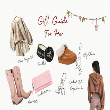 Gift guide for her featuring various items on a white background with decorative text.