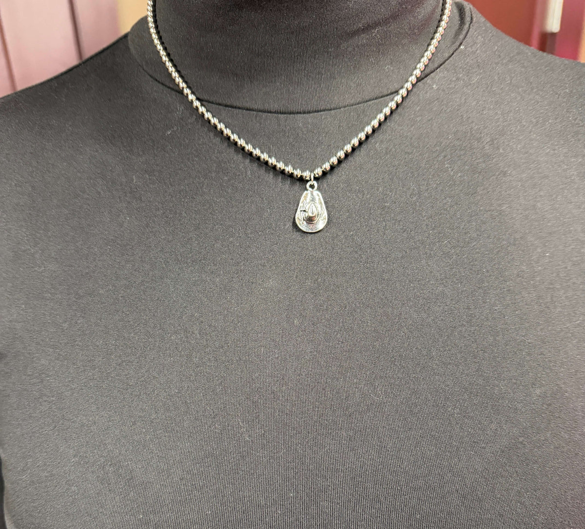 18k gold plated dainty beaded necklace with cowboy hat charm from West & Co. Jewelry, featuring a delicate design and Western style.