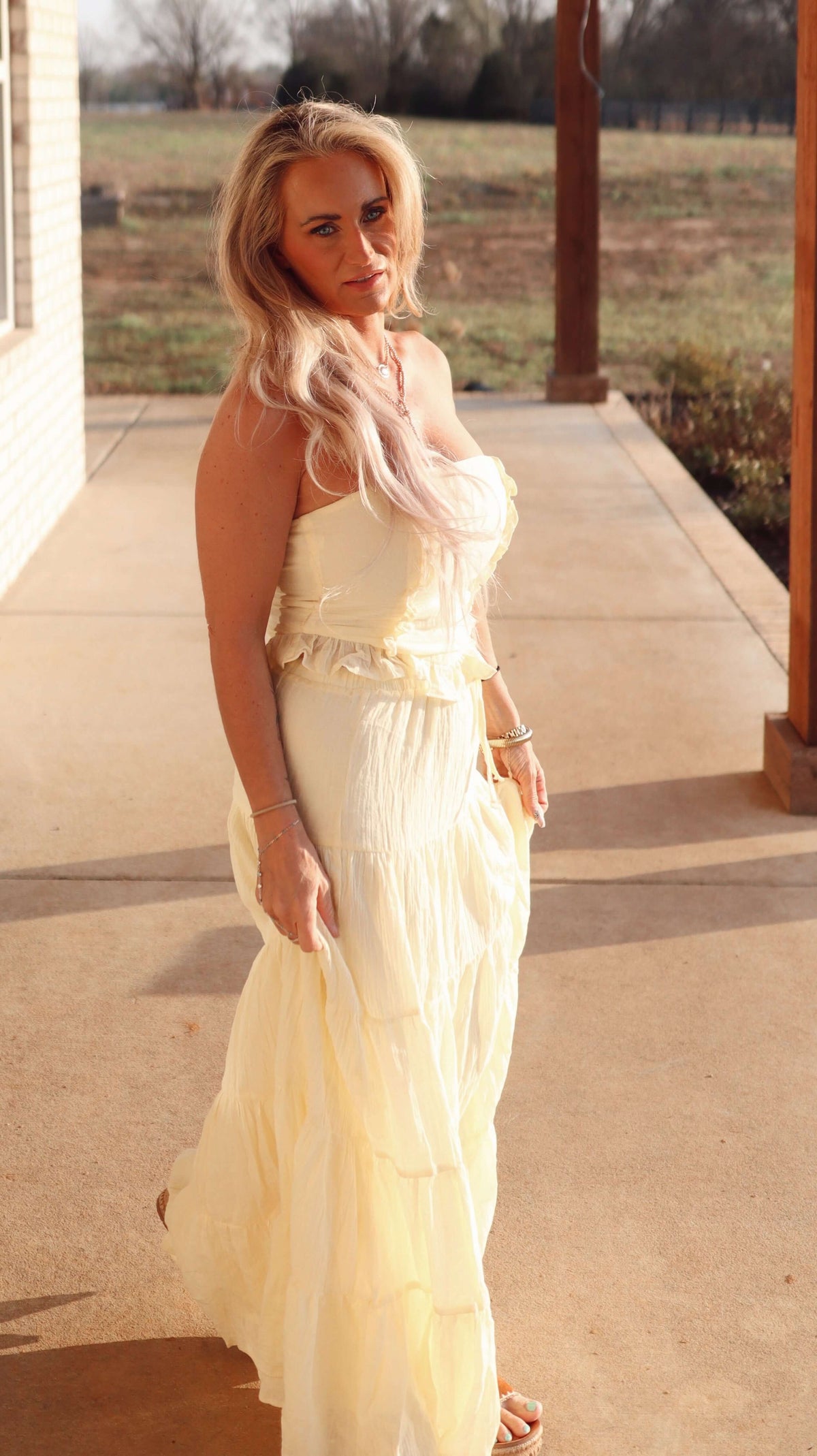 TICTOC Juliea lightweight gauze two-piece maxi skirt set with flowing skirts and matching top, perfect for casual summer wear.
