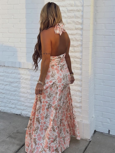 Floral Horse Printed Halter Neck Tie Dress