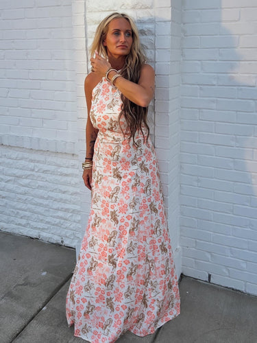 Floral Horse Printed Halter Neck Tie Dress