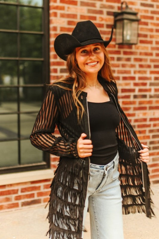 Lucky & Blessed black mesh tiered suede fringe zip-up shirt dress, showcasing layered design and fringe details.