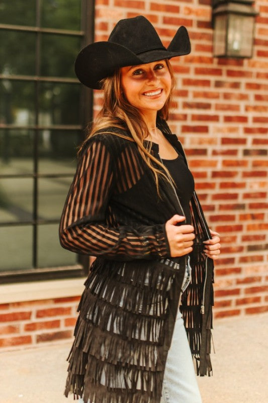 Lucky & Blessed black mesh tiered suede fringe zip-up shirt dress, showing layered design and fringe details.