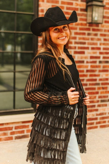 Lucky & Blessed Black Mesh Tiered Suede Fringe Zip Up Shirt Dress