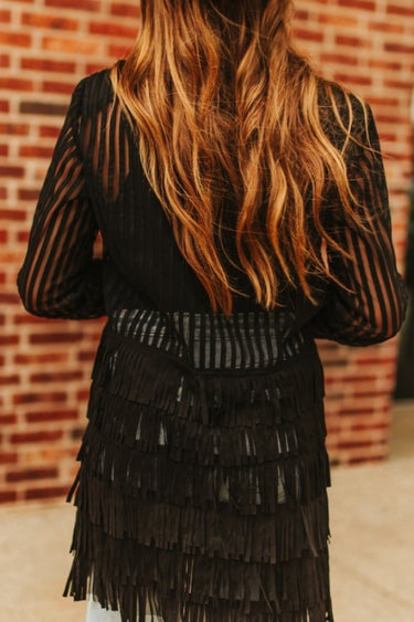 Lucky & Blessed Black Mesh Tiered Suede Fringe Zip Up Shirt Dress