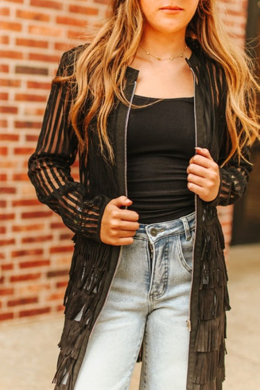 Lucky & Blessed Black Mesh Tiered Suede Fringe Zip Up Shirt Dress
