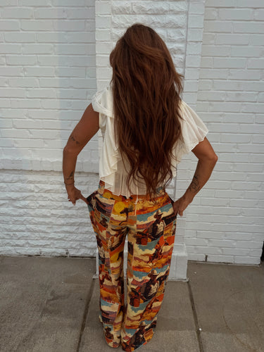 Multi Western Collage Printed High Rise Pants