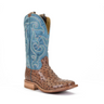 HYER Jetmore men's full-quill ostrich cowboy boots in tabac and turquoise with detailed stitching and classic Western style.