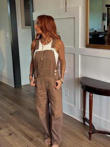 Women’s brown barrel leg overalls by blueivy, Western cowgirl jumpsuit with rustic style and adjustable straps.
