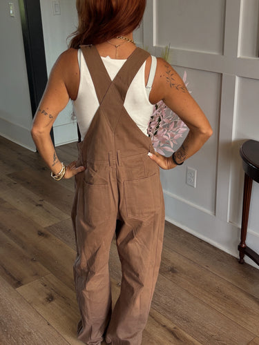 Women’s brown barrel leg overalls by blueivy, Western cowgirl jumpsuit with stylish fit and rugged design, front view image.