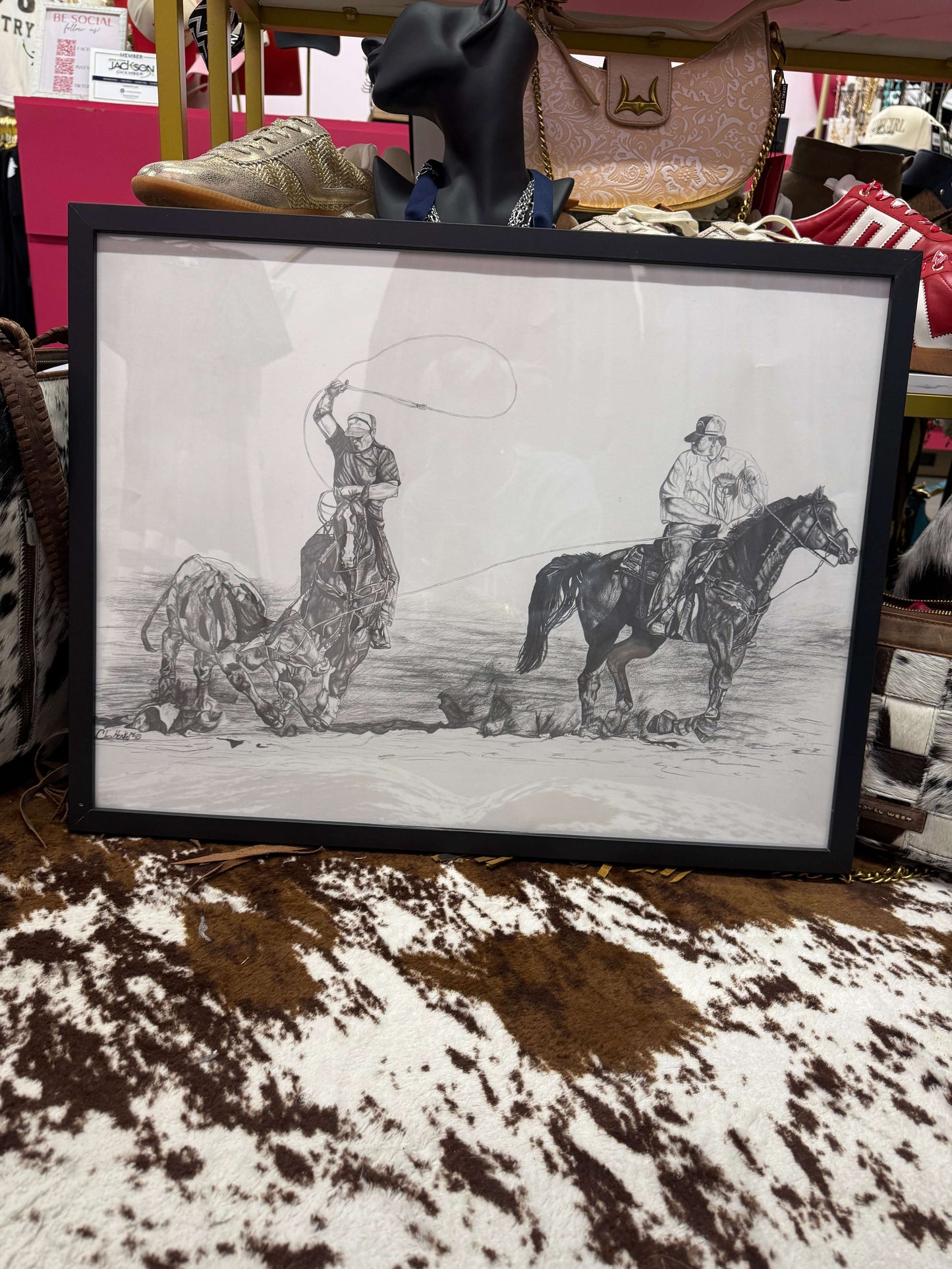Cowgirl Charm roping drawing, rustic home decor artwork featuring a cowboy rope design, ideal for country-style home accents.