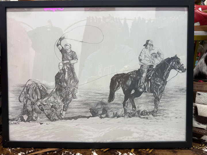 Cowgirl Charm roping drawing featuring rustic western art, showcasing a detailed rope design on a textured background.