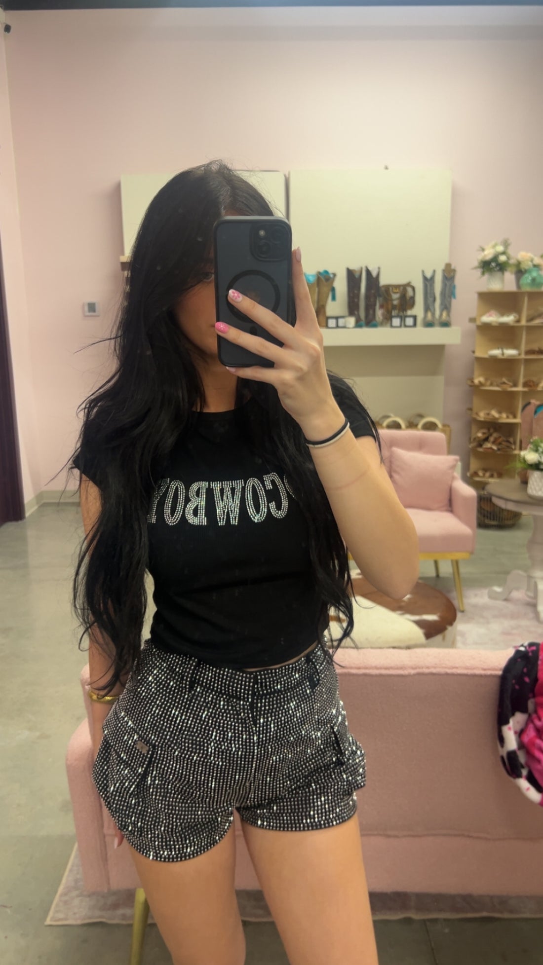 Black Rhinestone Cargo Shorts