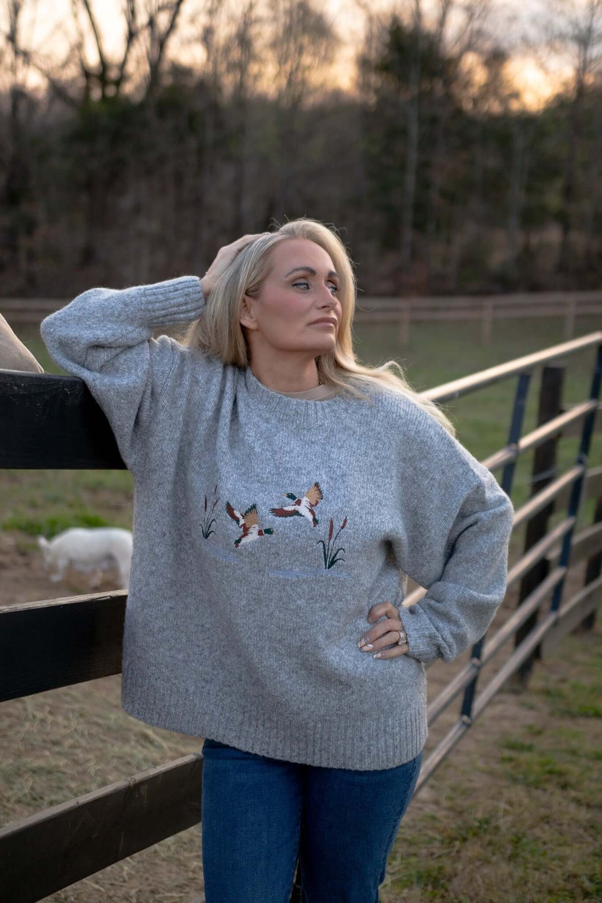 Bailey Rose grey embroidered duck knit sweater, cozy long-sleeve top with detailed bird embroidery on the front.