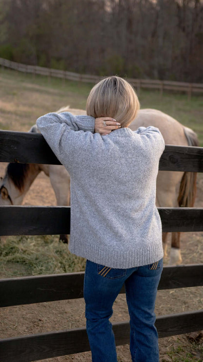 Bailey Rose grey embroidered duck knit sweater for women, featuring detailed embroidery and cozy knit fabric.