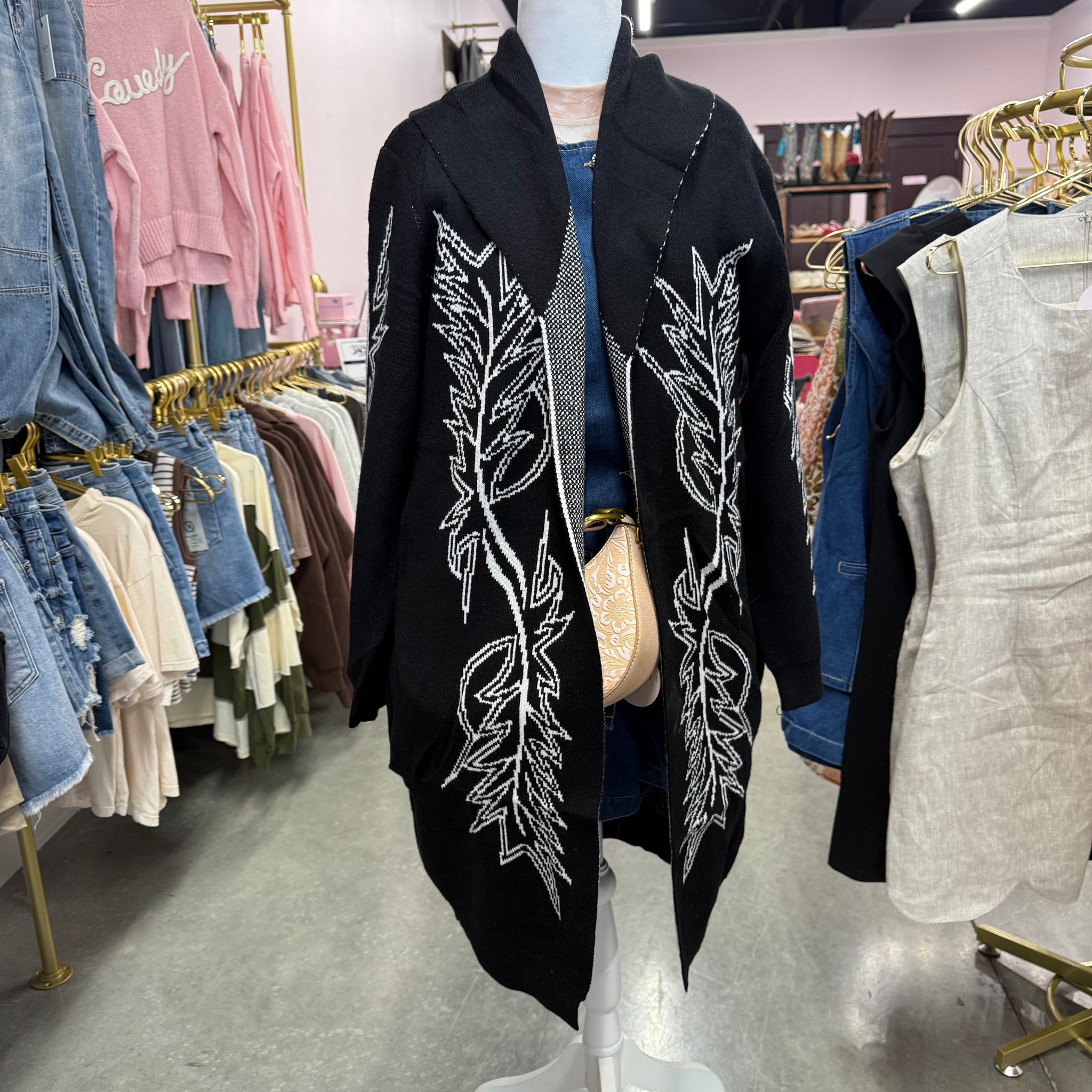 Black Western Embroidered Open Front Cardigan