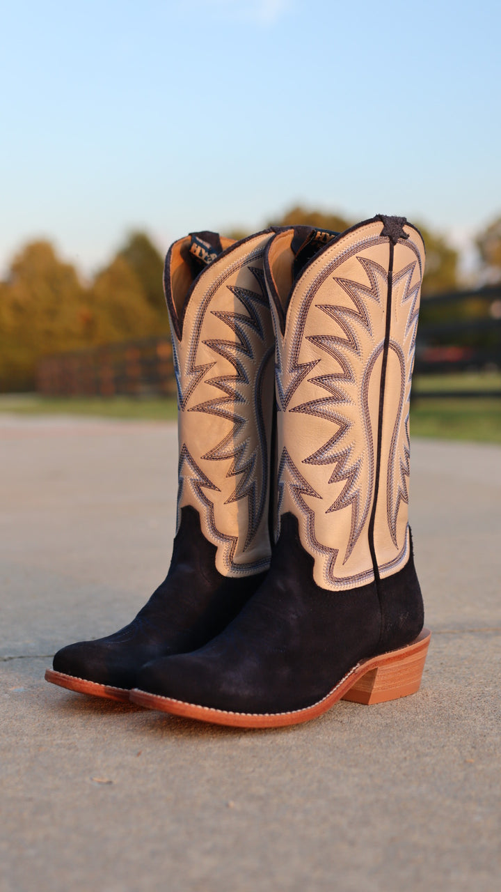 HYER Rose Hill women's western boots with cutter toe, dark navy roughout leather and metallic bone accents.