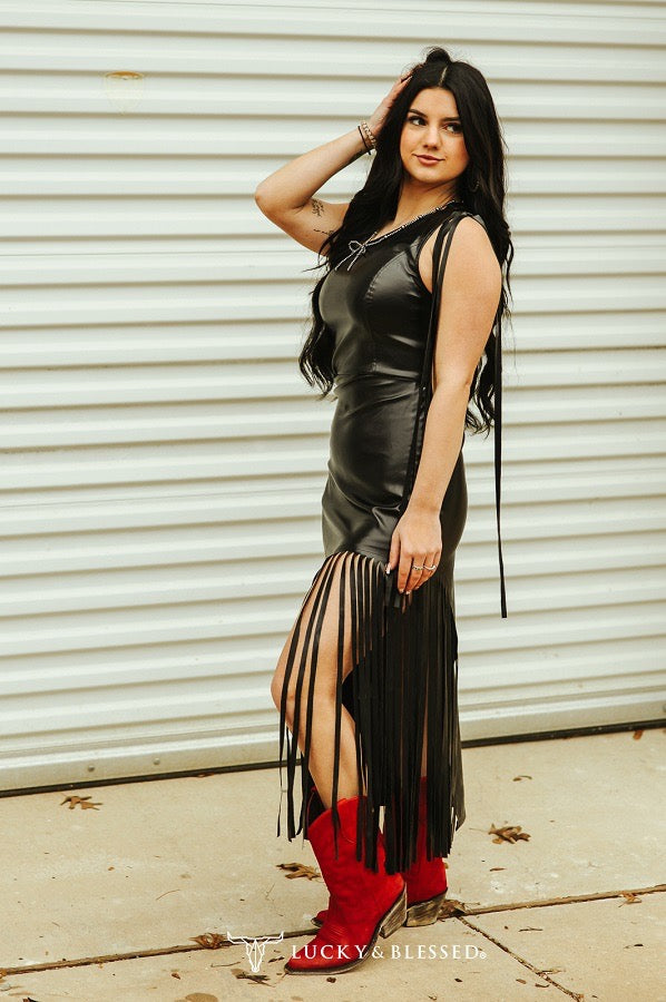 Black Leather Side Fringe Dress W Cut Out Waist