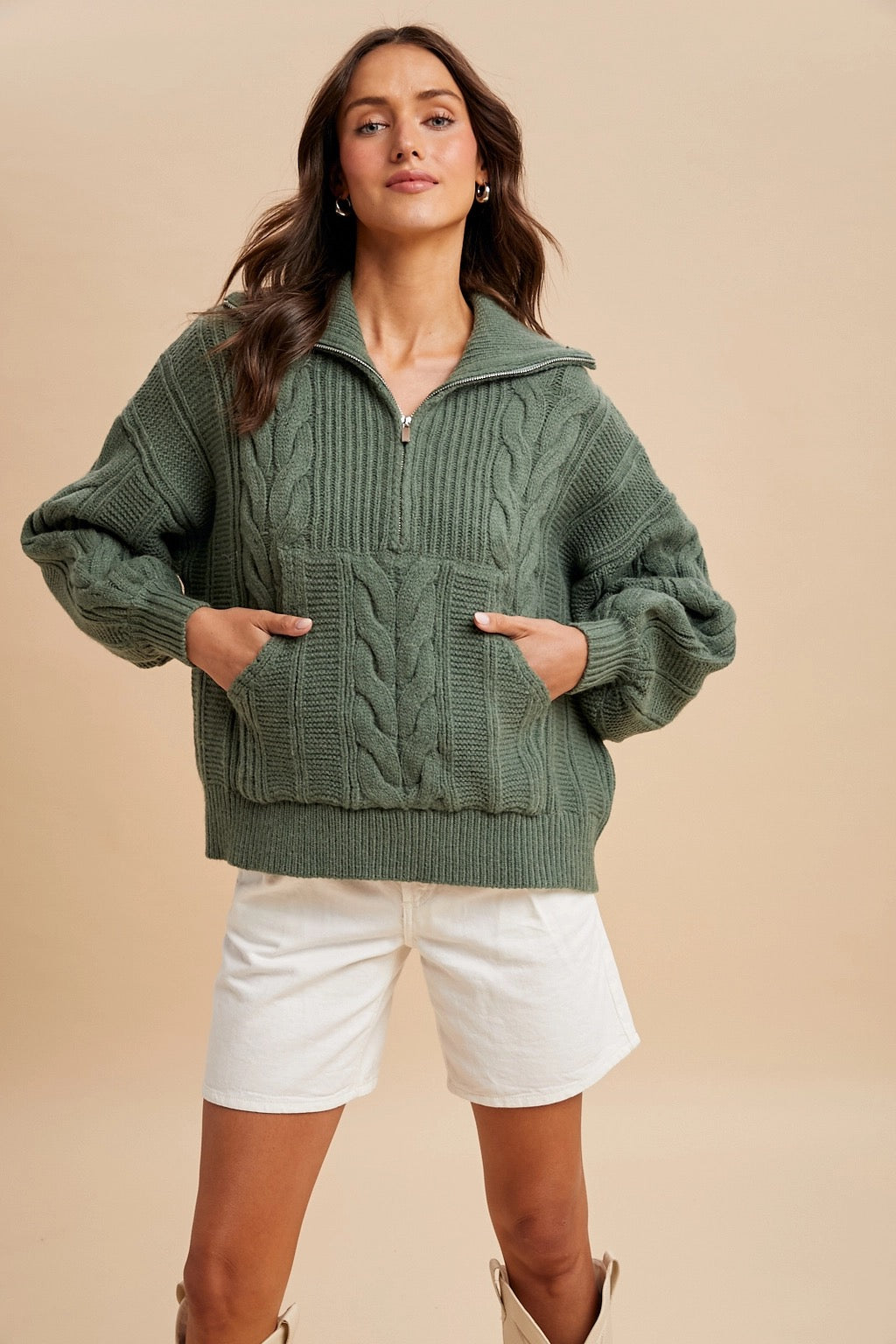 Chunky Cable Knit Half Zip Sweater