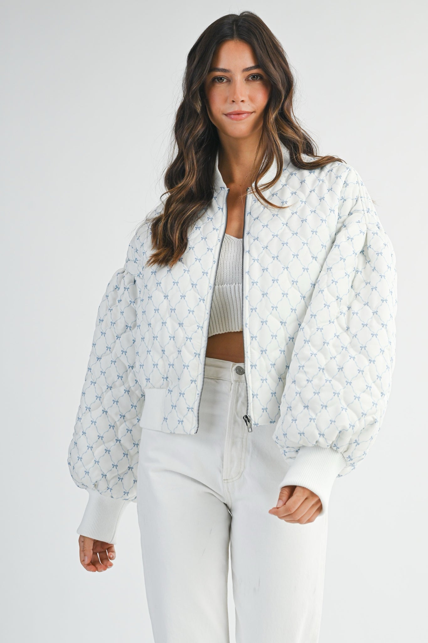 Bow Print Oversized Bomber Jacket