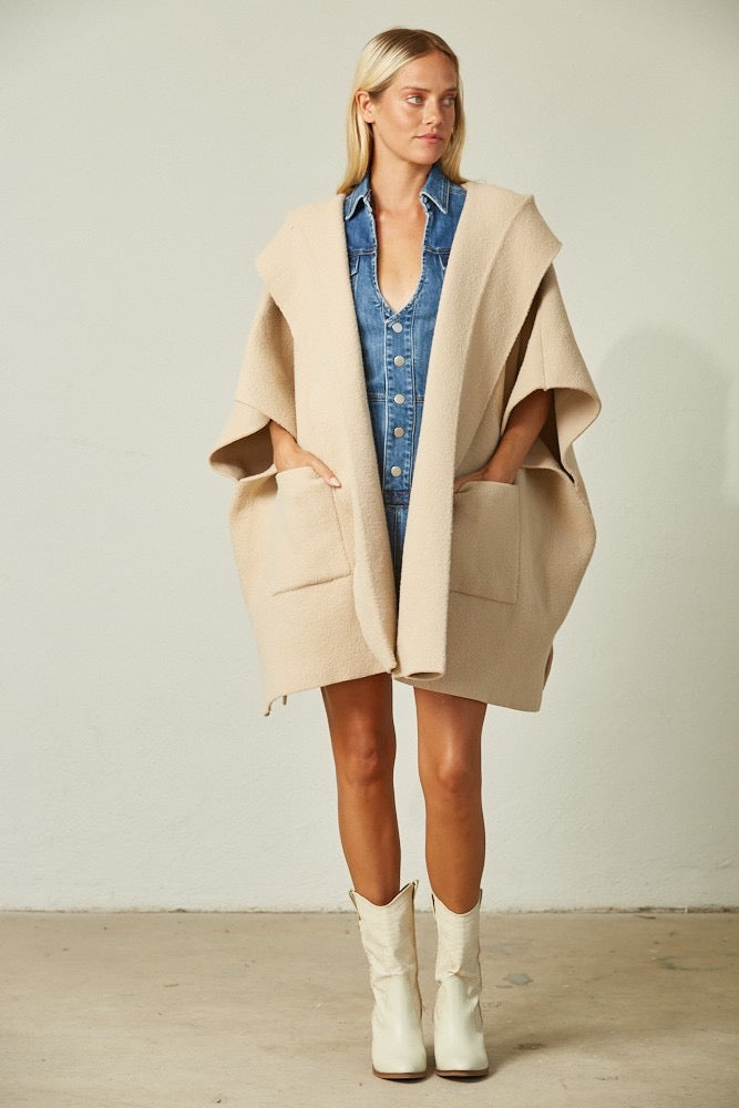 Oversized Hooded Knit Poncho with Pockets
