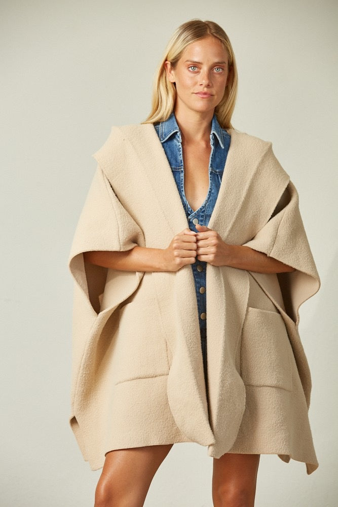 Oversized Hooded Knit Poncho with Pockets