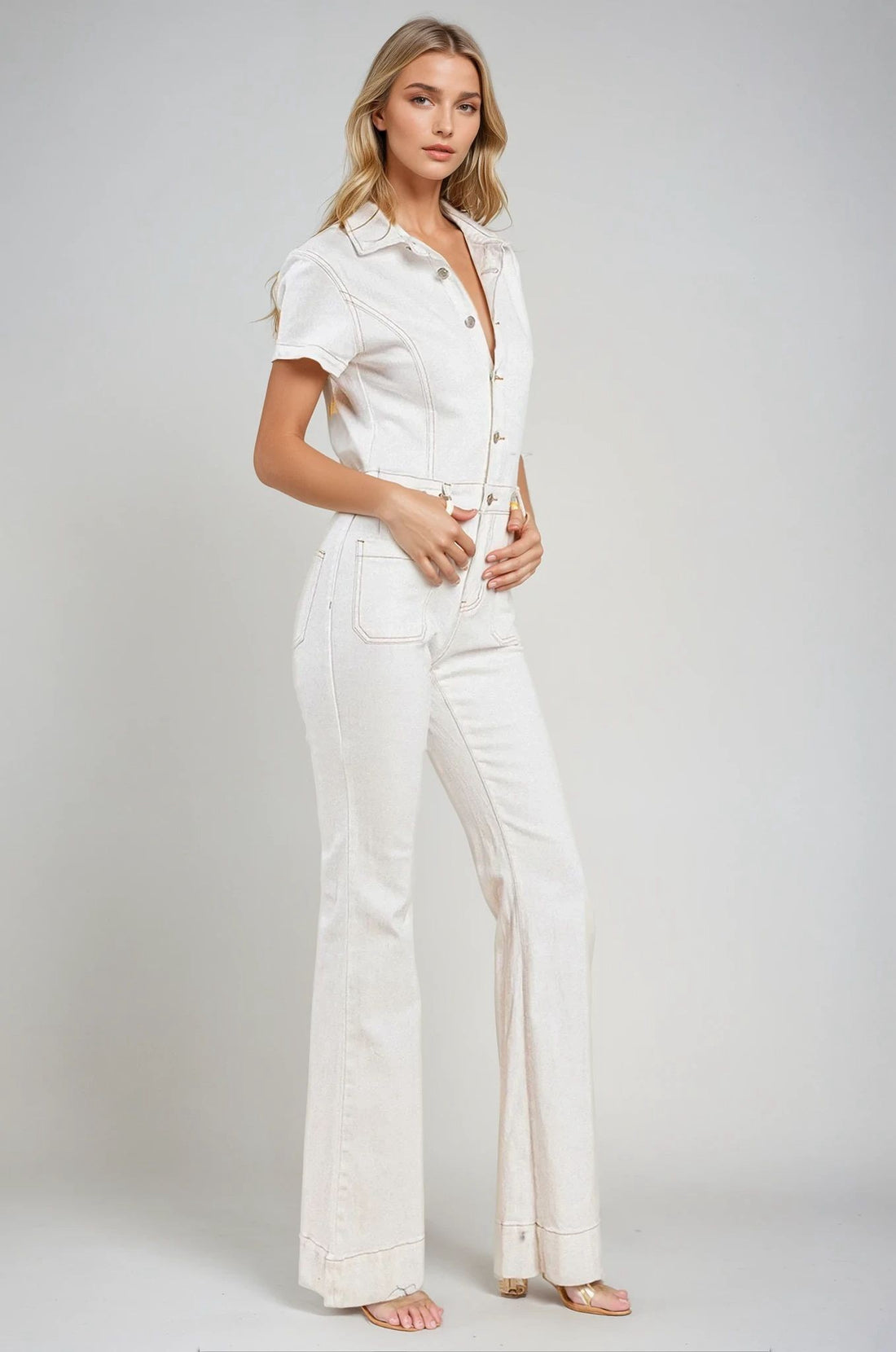 Long Bootcut White Denim Jumpsuit