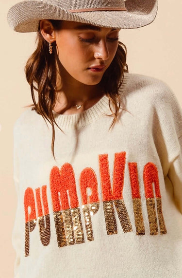 Contrast Sequin Pumpkin Sweater - Cowgirl Charm
