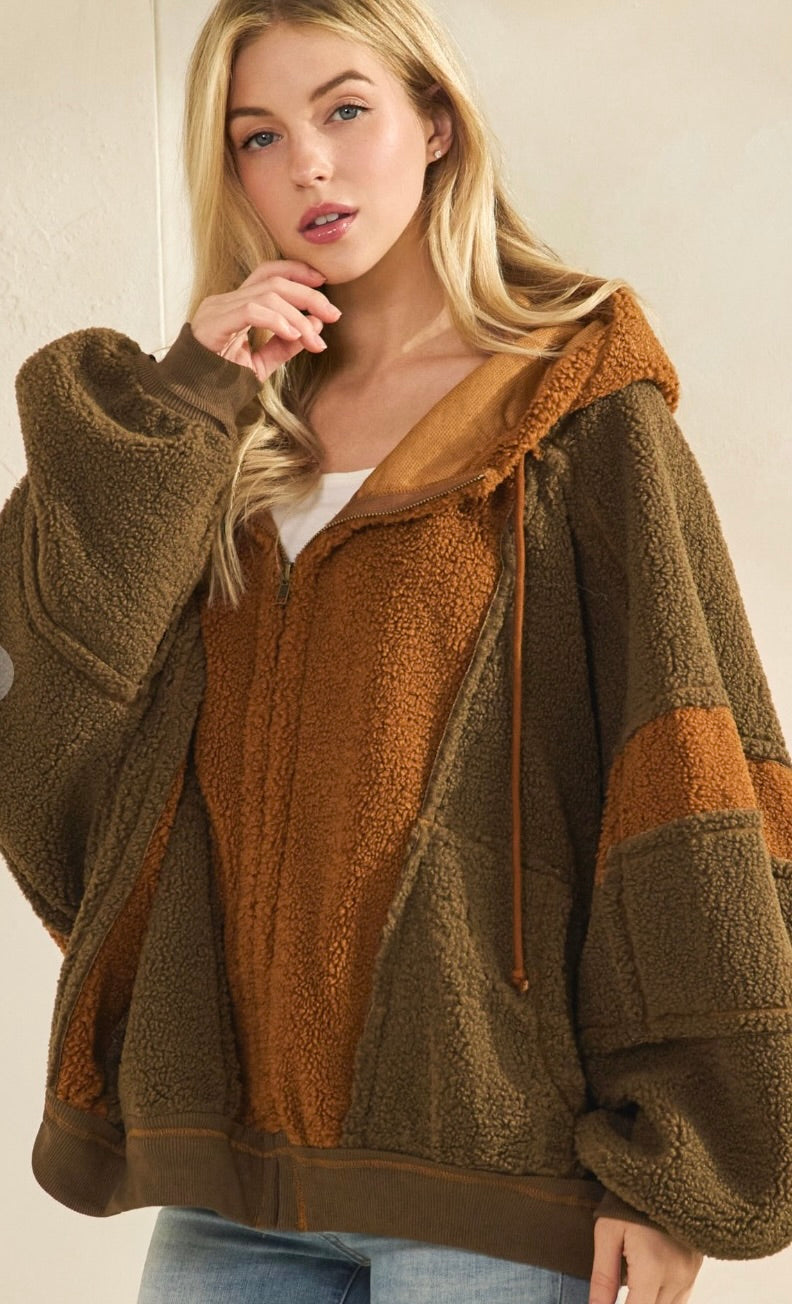 Vintage Solid Color Blocked Fleece Jacket