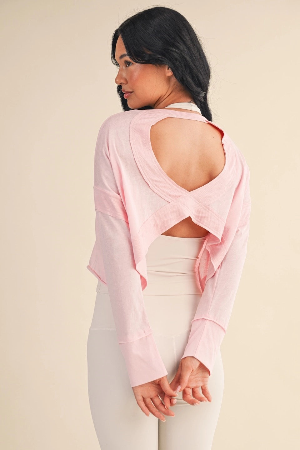 Cotton Slub Cutout Back Long Sleeve Layering Top