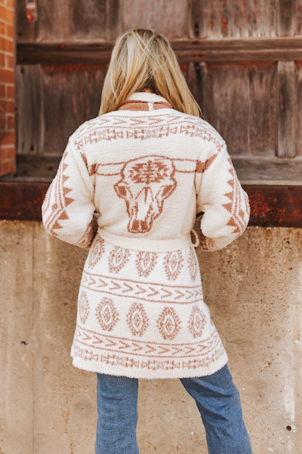Ivory & Camel Aztec Skull Sherpa Belted Cardigan