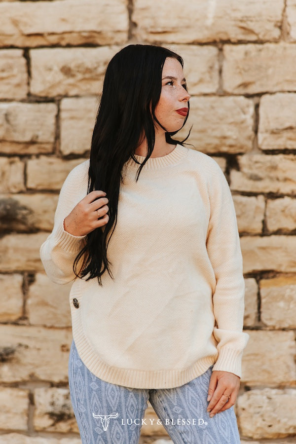 Ivory Knitted Round Hem Sweater Buffalo Button Detail