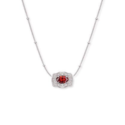 Spurwest Ultra Mini Belt Buckle Birthstone Necklace featuring a small buckle and colorful birthstone pendant on a delicate chain.