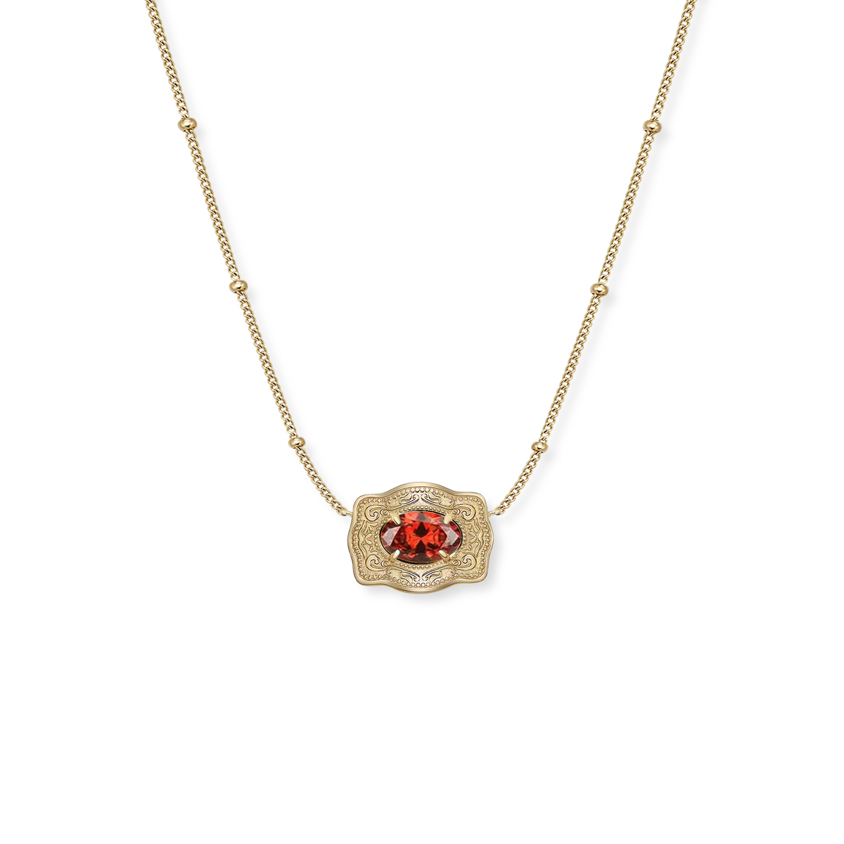 Spurwest Ultra Mini Belt Buckle Birthstone Necklace featuring a shiny January birthstone pendant and sleek jewelry design.