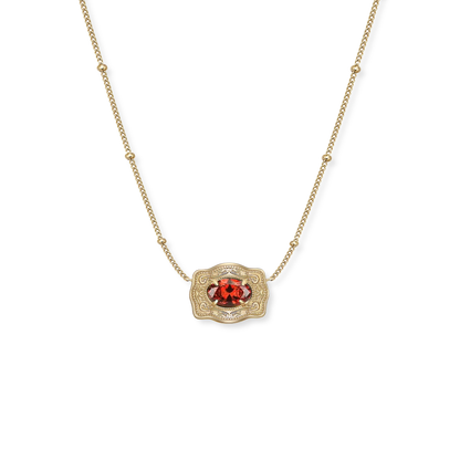 Spurwest Ultra Mini Belt Buckle Birthstone Necklace featuring a shiny January birthstone pendant and sleek jewelry design.