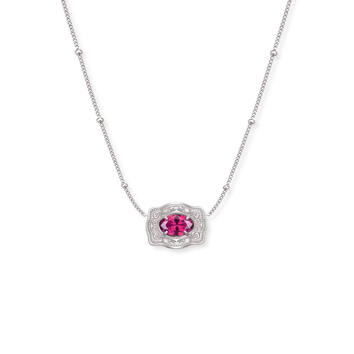 Spurwest Ultra Mini Belt Buckle Birthstone Necklace featuring a July birthstone pendant, jewelry accessory with a sleek design.