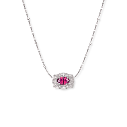 Spurwest Ultra Mini Belt Buckle Birthstone Necklace featuring a July birthstone pendant, jewelry accessory with a sleek design.
