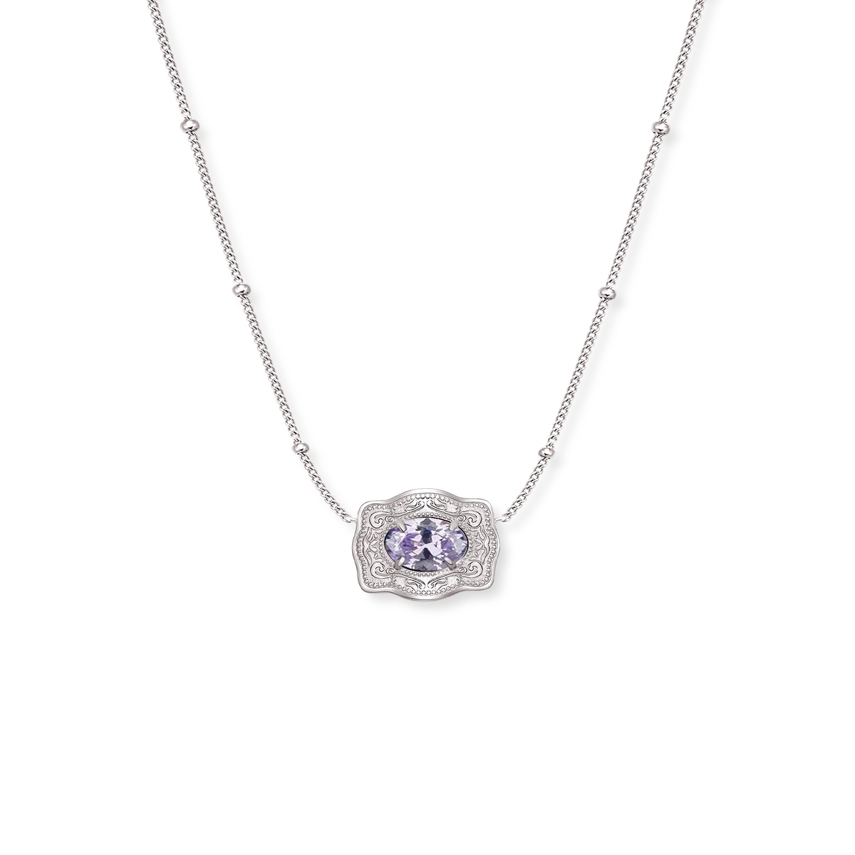 Spurwest Ultra Mini Belt Buckle Birthstone Necklace featuring a June birthstone, delicate jewelry accessory with a small buckle design.