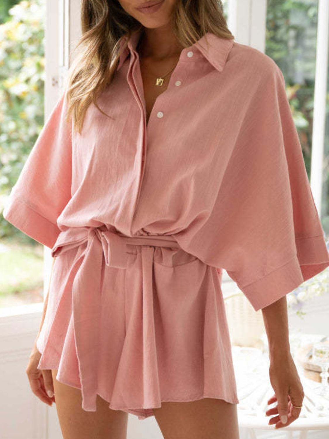 Kim Caven Collared Neck Belted Half Sleeve Romper Set – Casual Chic in Pink & White