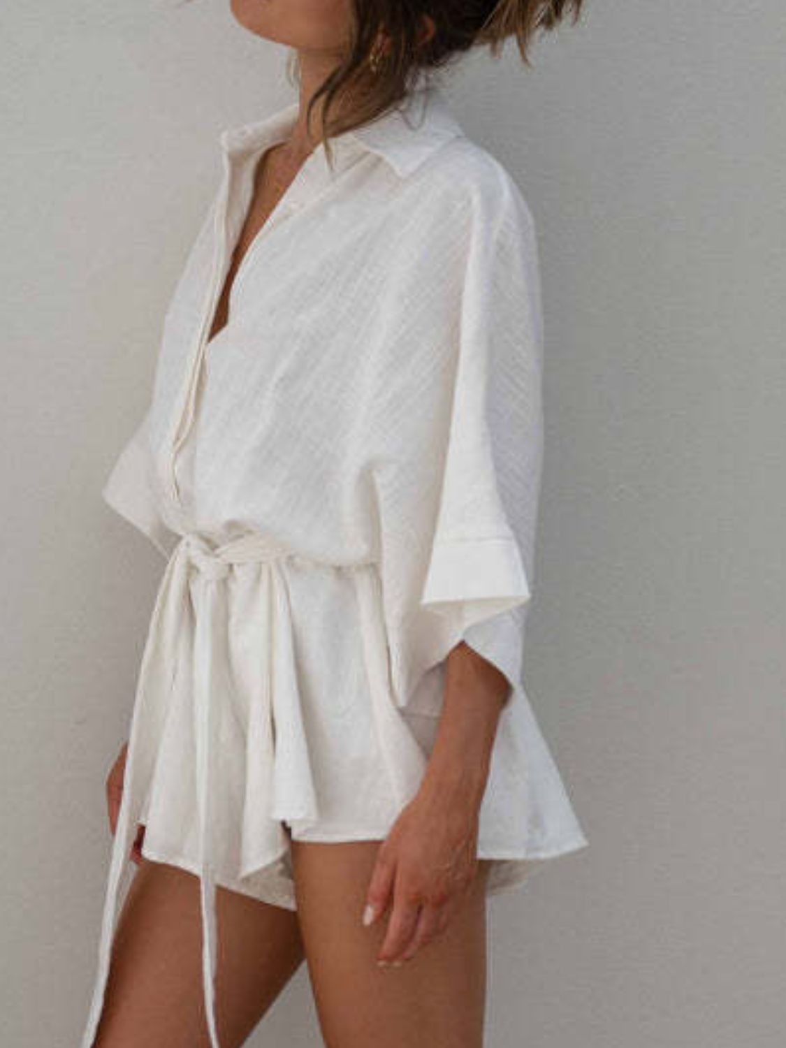 Kim Caven Collared Neck Belted Half Sleeve Romper Set – Casual Chic in Pink & White