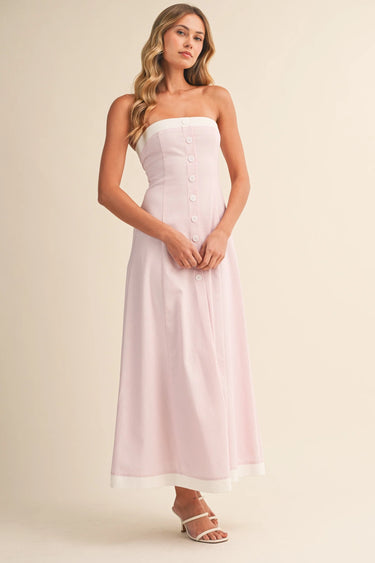 Linen Strapless Contrast Edge Flared Midi Dress