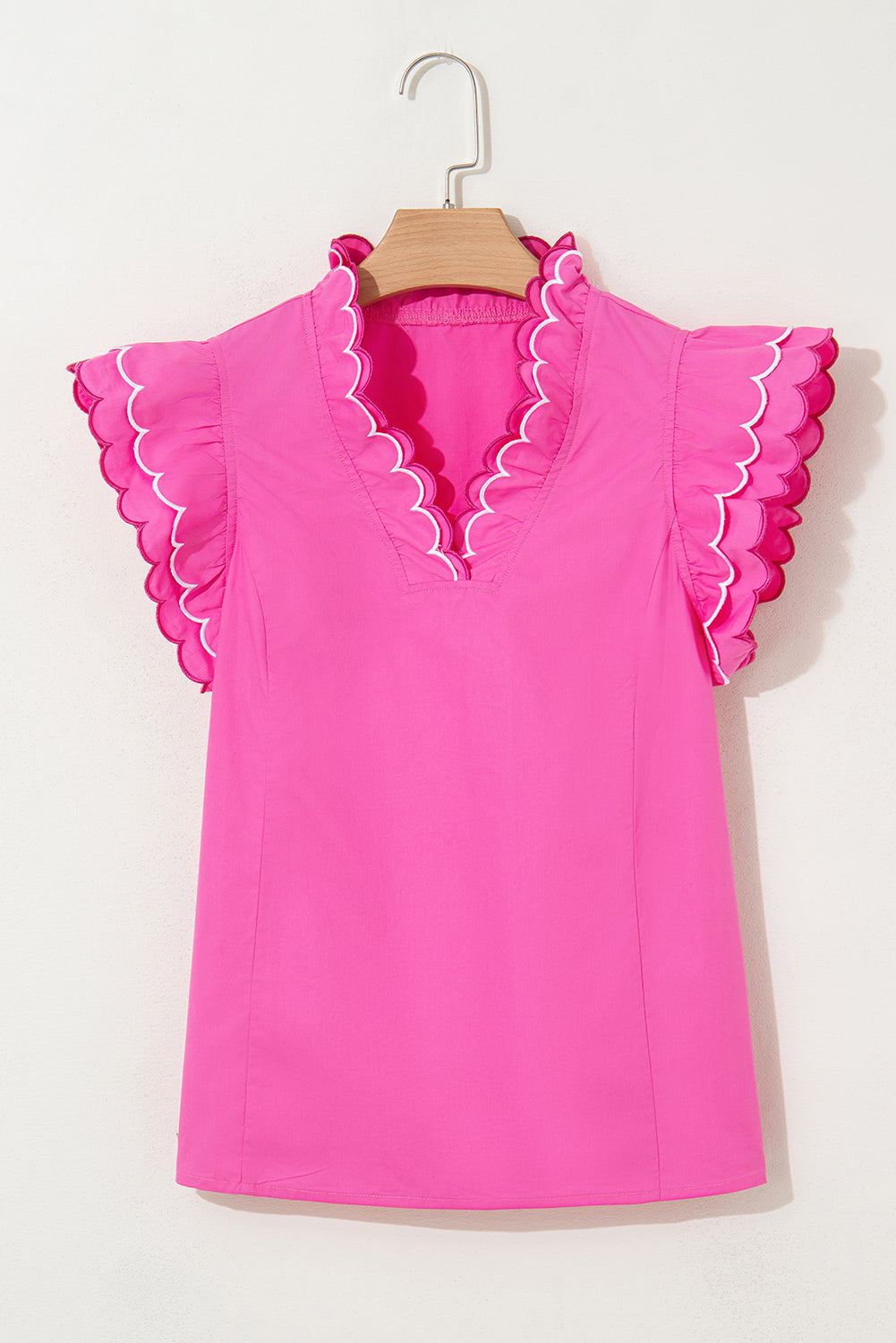 Hot Pink Ruffle Sleeve Top – Scalloped V-Neck Blouse | Cowgirl Charm Boutique