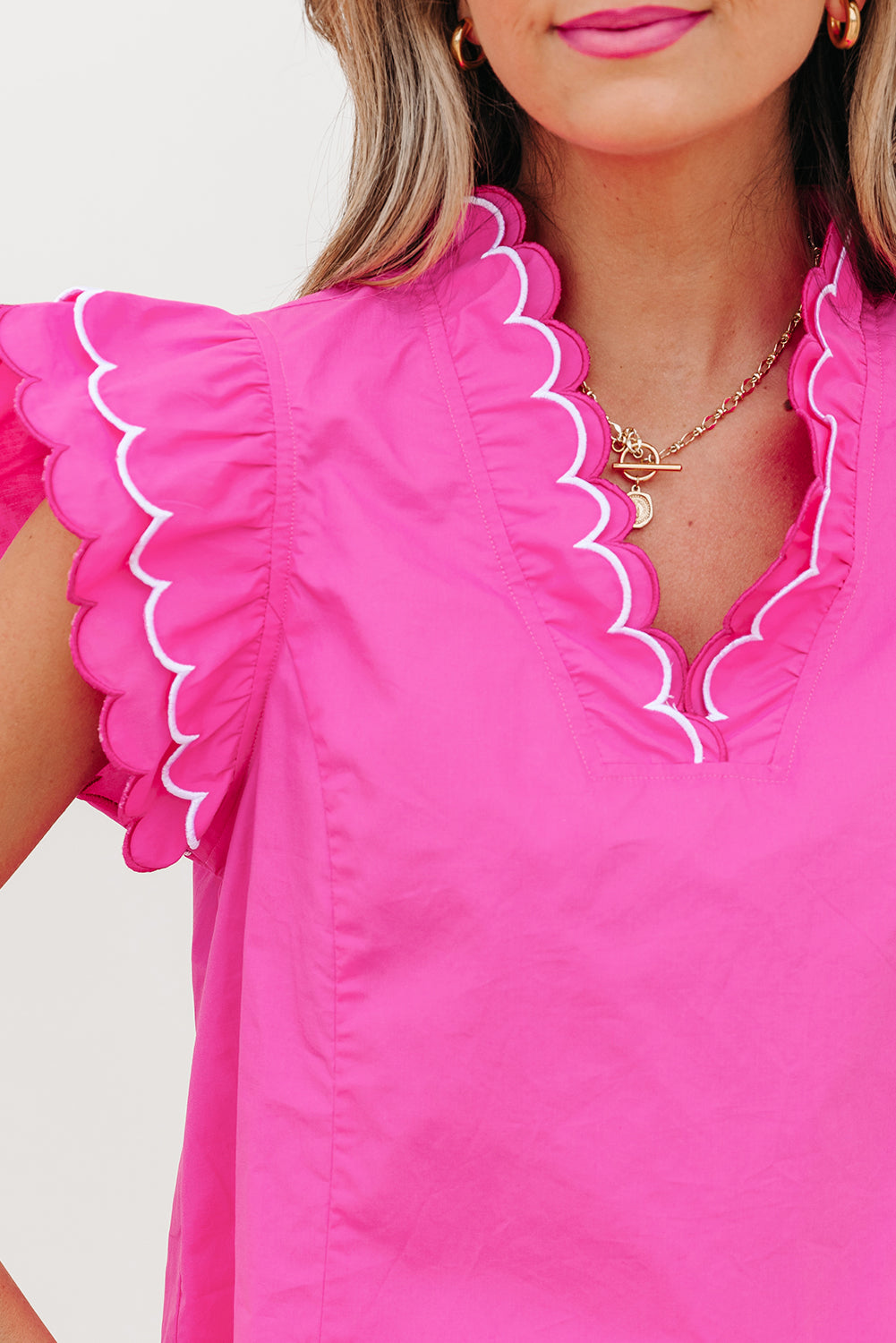 Hot Pink Ruffle Sleeve Top – Scalloped V-Neck Blouse | Cowgirl Charm Boutique