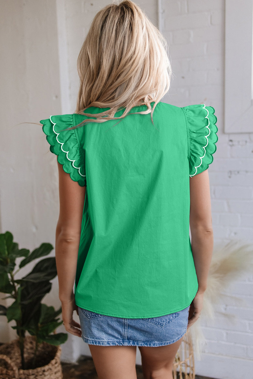 Green Scallop Sleeve Ruffle Trim Top