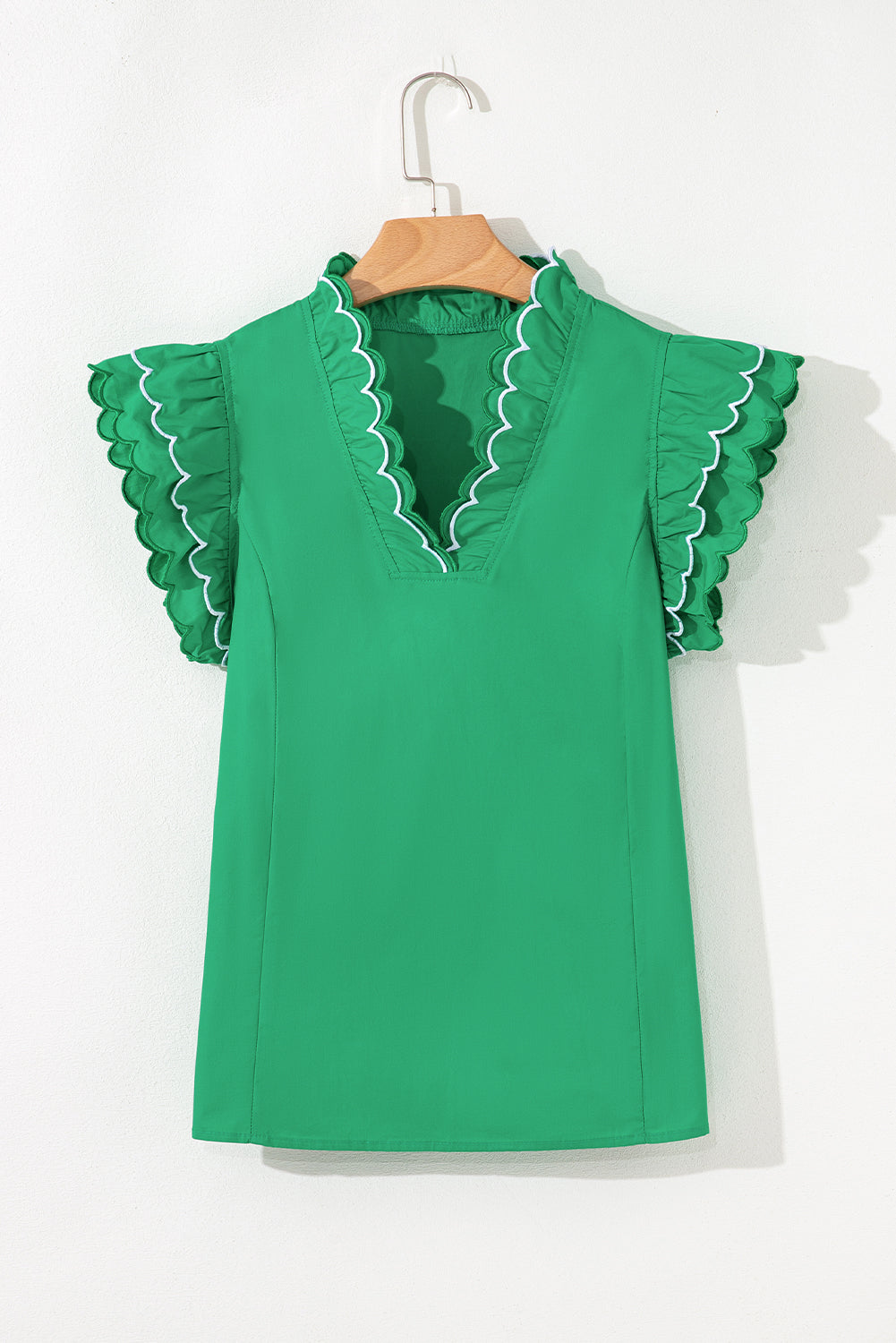 Green Scallop Sleeve Ruffle Trim Top
