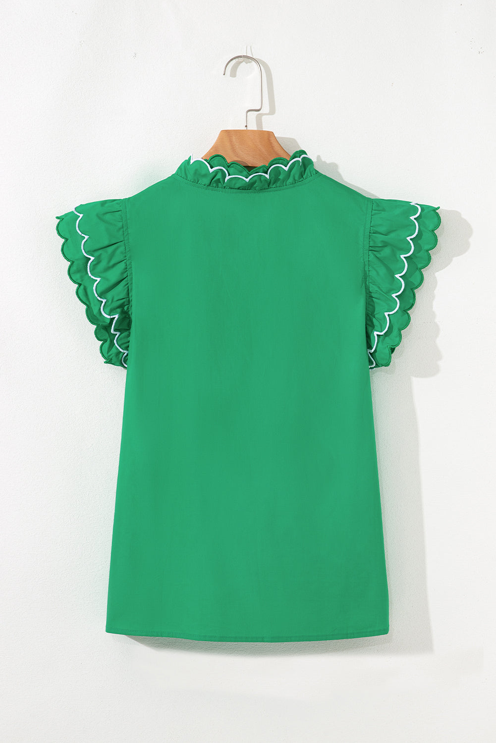 Green Scallop Sleeve Ruffle Trim Top